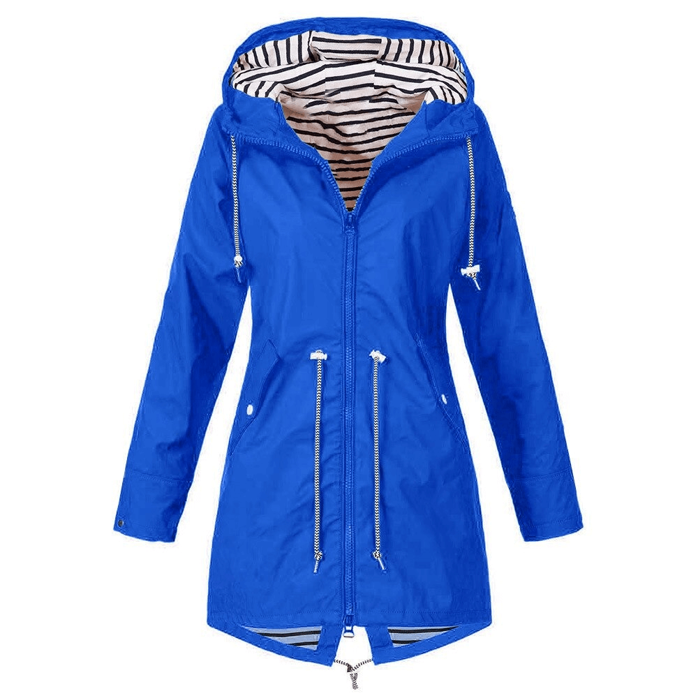 Blue waterproof hooded rain long jacket with striped lining, windproof, lightweight, perfect for outdoor activities - SF0078.